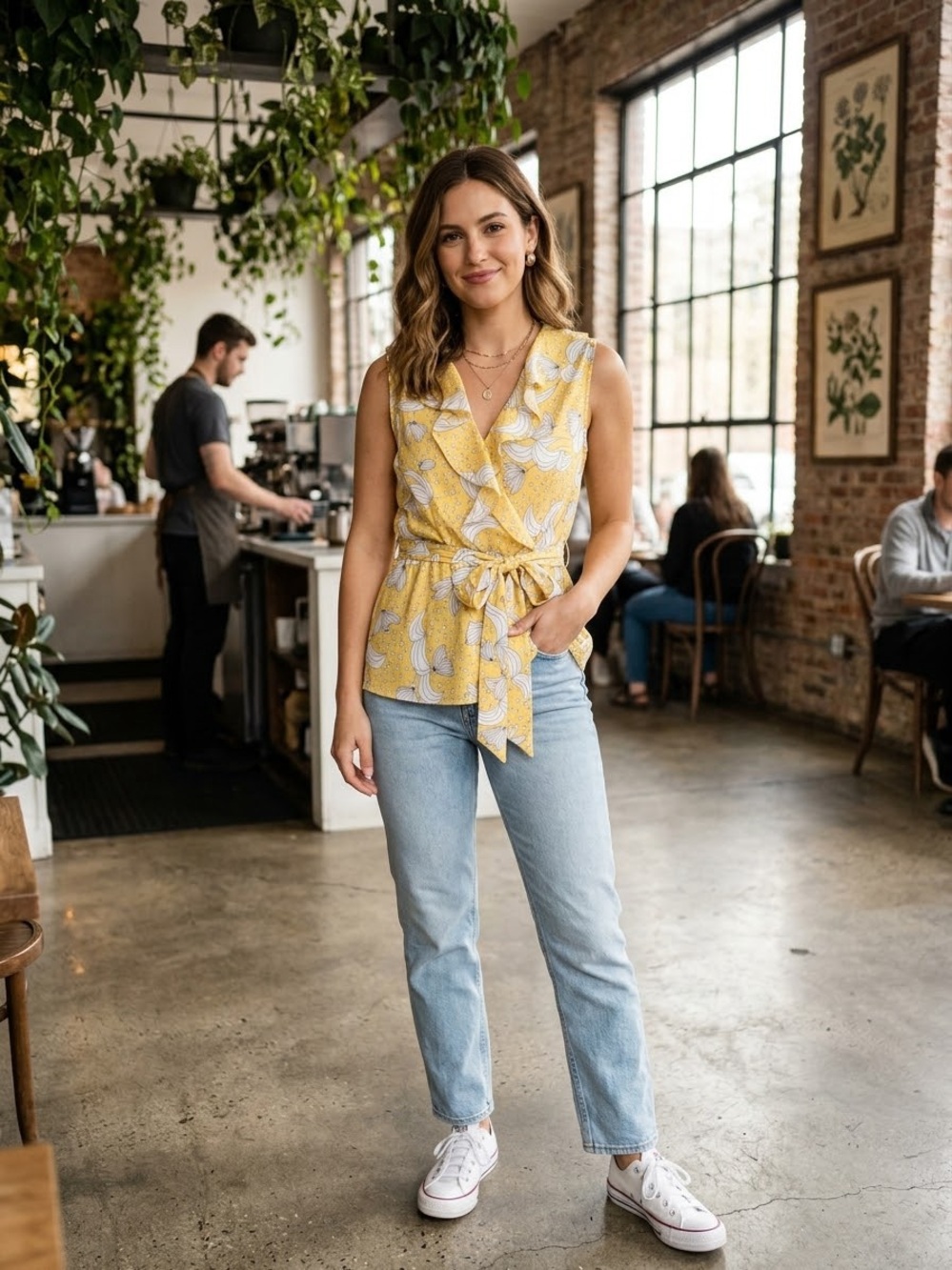 Sleeveless Yellow Floral Tie-Waist Women's Top
